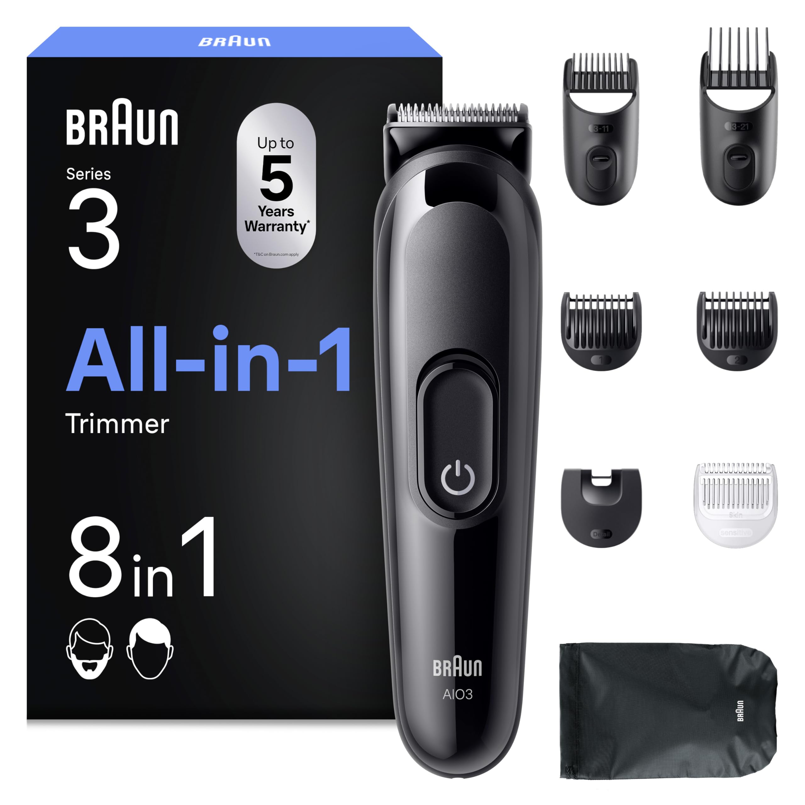 All-in-One Series 3, 8-in-1 Multigroom, Barttrimmer, Haarschneider, AIO3545, Schwarz