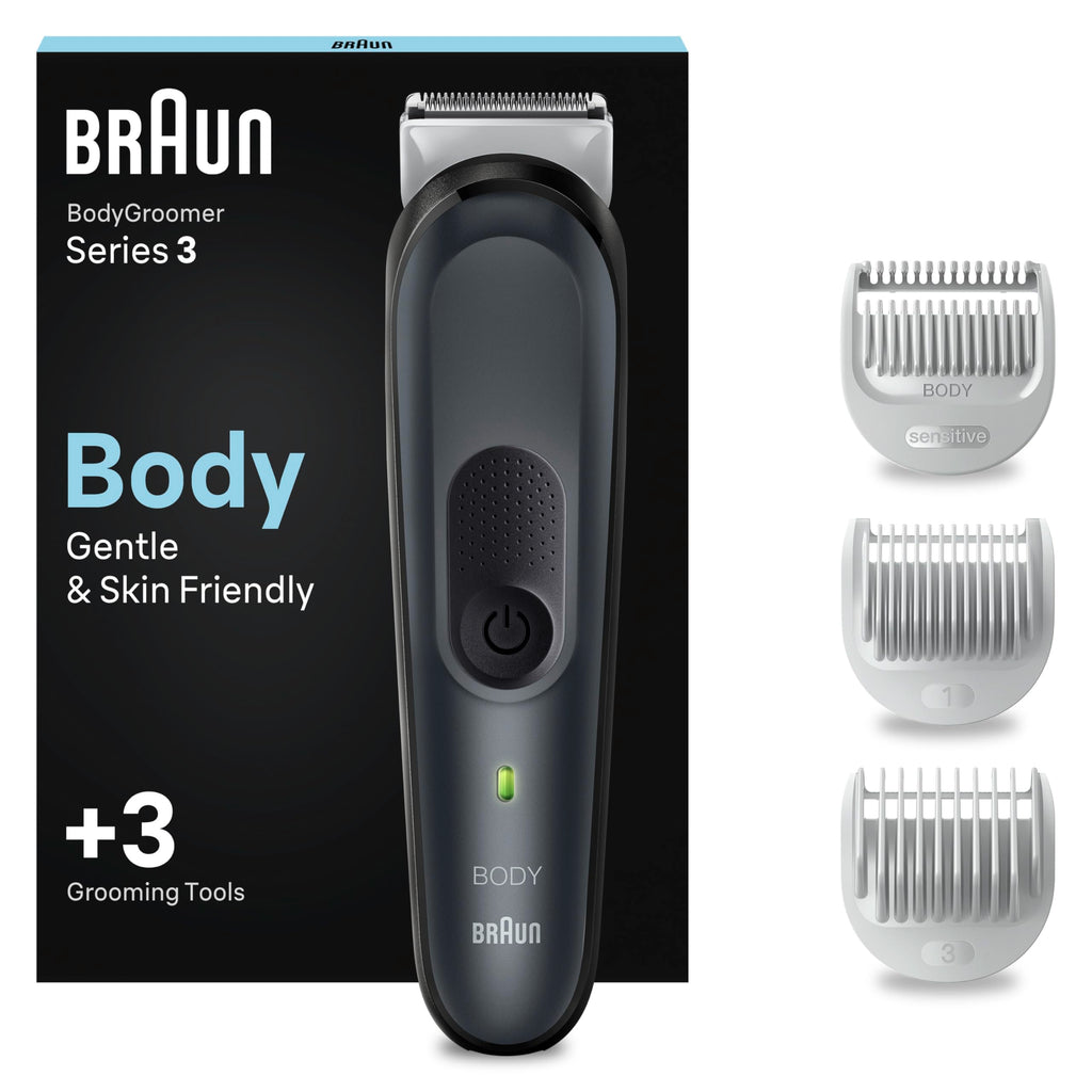 Bodygroomer Series 3, Elektrischer Körperrasierer Herren mit 3 Zubehörteile, BG3340, Schwarz/Grau