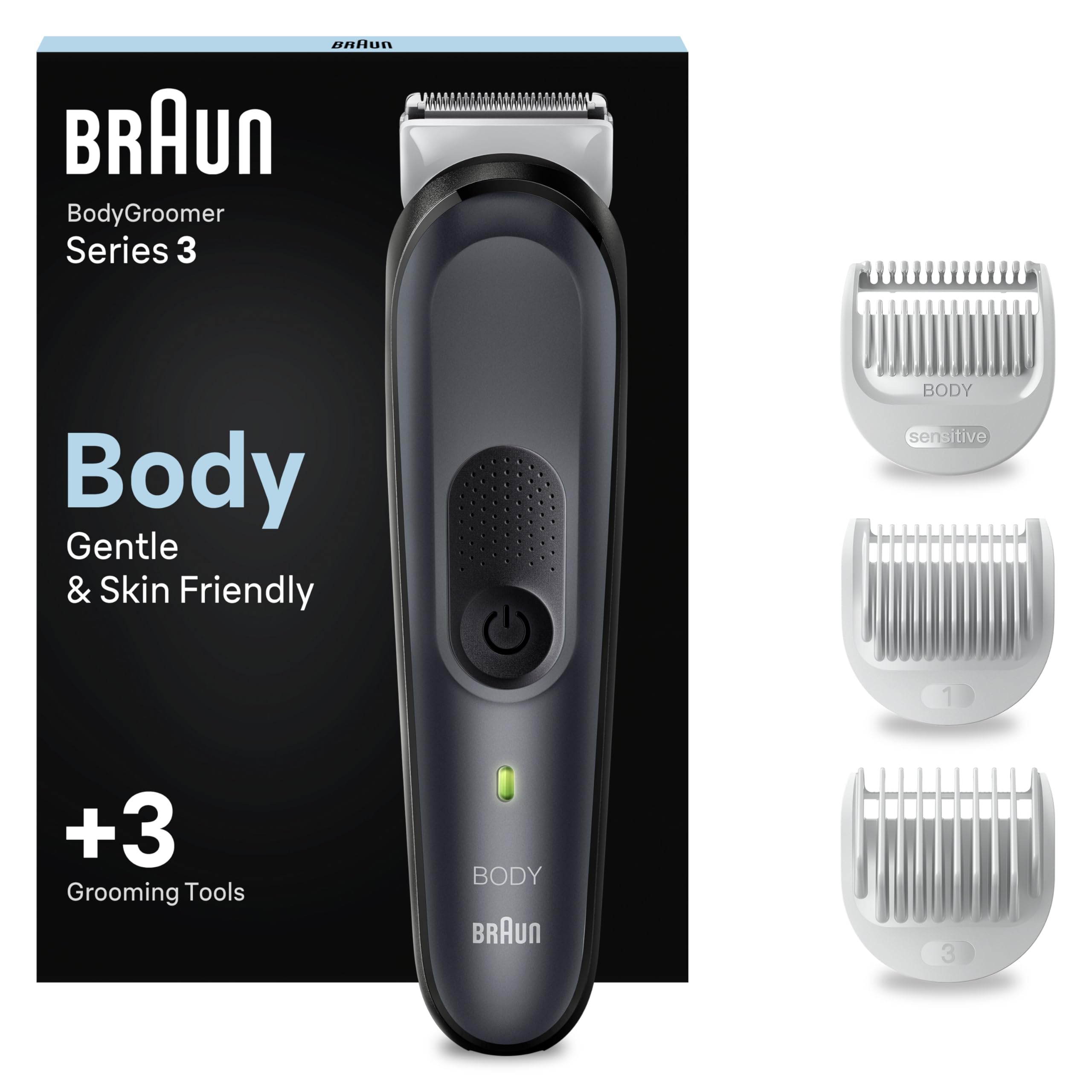 Bodygroomer Series 3, Elektrischer Körperrasierer Herren mit 3 Zubehörteile, BG3340, Schwarz/Grau