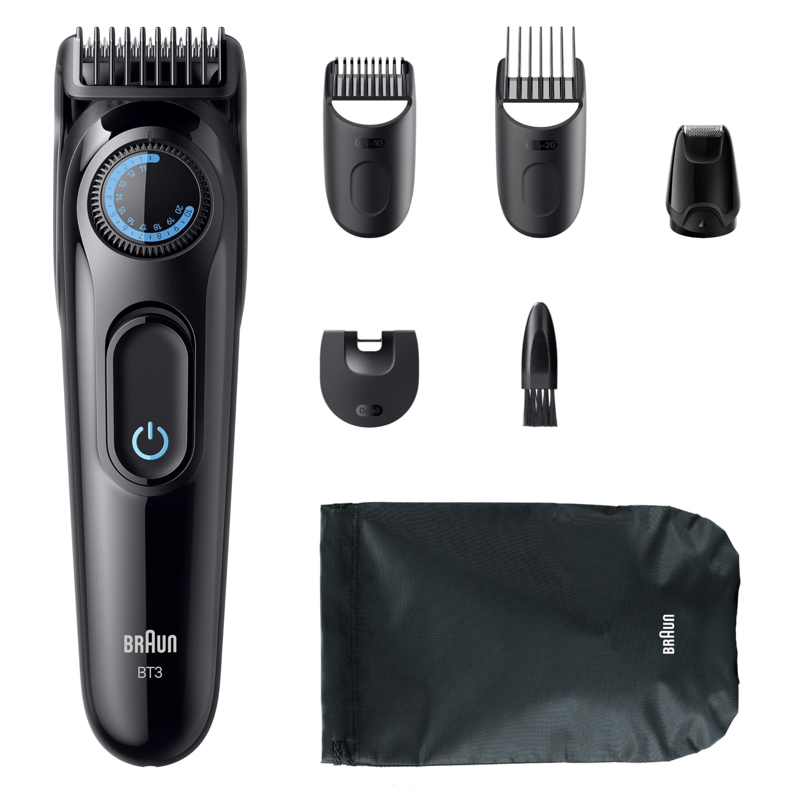 Barttrimmer Series 3, Elektrischer Bartschneider Herren, 6 Zubehörteile, BT3565, Schwarz/Blau